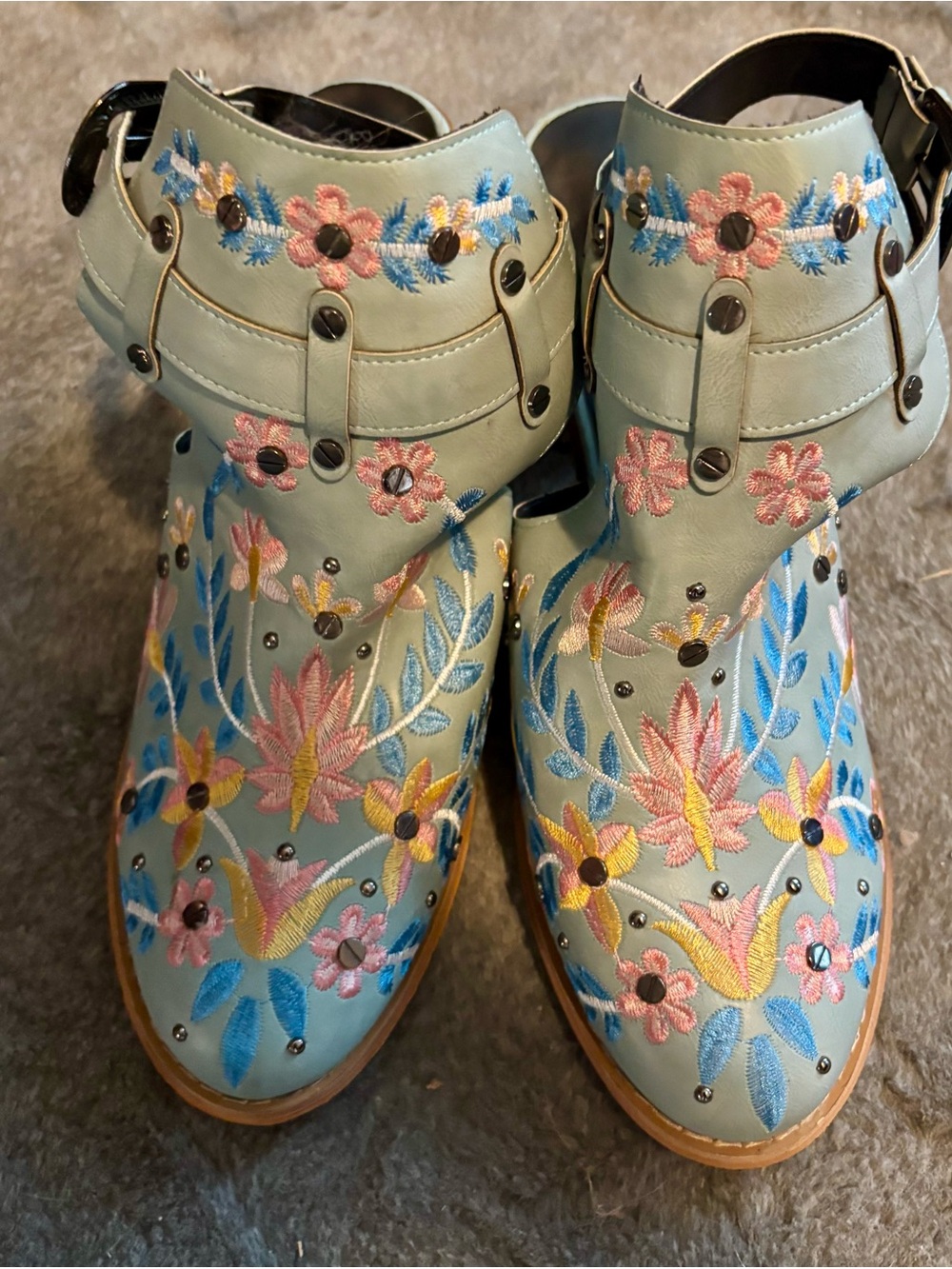 Embroidered Floral Ankle Boots - Pastel Blue-NWOT-Women’s 11